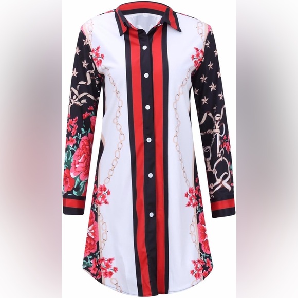 Womens Casual‎ Shirt Dress Long Sleeve Floral Print Button Down Loose Blouse L - Picture 2 of 3